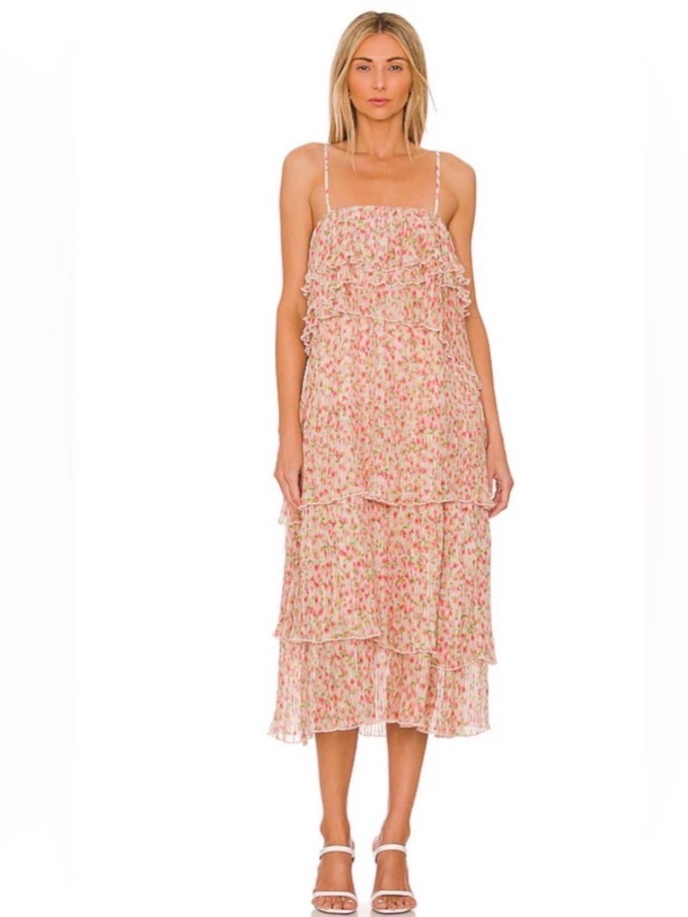 Something Navy Floral Pleated Tiered Dress S Romantic Chiffon Ruffle Pull On.